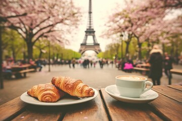 Cozy Parisian Café Terrace with Croissants and Coffee Under Cherry Trees
