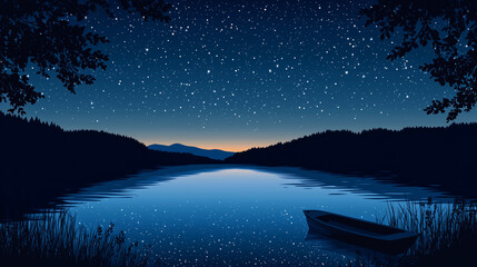 Simplistic vector illustration of a serene lakeside camping scene, flat colors, minimalistic style, starry sky background