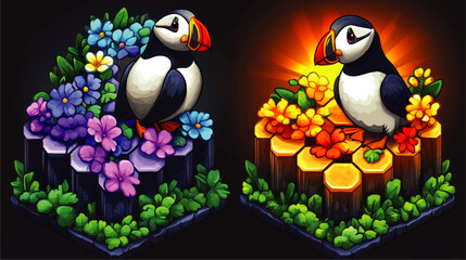 Naklejka premium Vibrant Vector Art of Puffin amid Colorful Flowers on Geometric Platforms - Stunning Wildlife Illustration with Bright Nature Details and Hexagonal Design