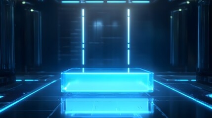 Futuristic Blue-lit Pod in a High-tech Lab with Glowing Lines at Night