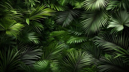 Lush Greenery Abundance Palm Fronds in Tropical Rainforest Canopy View Intense Jungle Foliage Plants