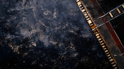 Retro filmstrip overlay with visible dirt smudges and imperfections on a dark surface