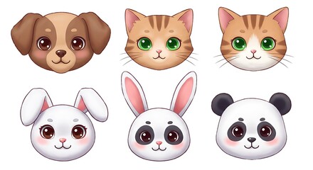 Fototapeta premium Cute Cartoon Animal Faces Collection Featuring Dog Cat Bunny and Panda