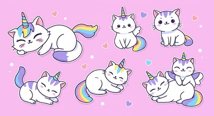 Fototapeta premium Cute Unicorn Kitten Cartoon Characters Pattern on Pink Background Illustration