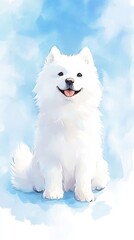 Samoyed dog sitting blue watercolor gradient