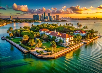 Panoramic Aerial View of Star Island, Miami Beach, Florida: Luxurious Waterfront Estates