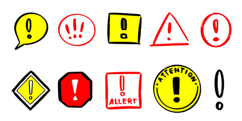 Collection of warning or exclamation or attention marks and signs in different shapes. Allert or stop concept for your business. Brush drawn sketchy doodle.