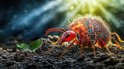 A vibrant, digitally rendered insect exploring a soil patch with a small green sprout under sunlight