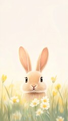 Fototapeta premium Baby rabbit peeking flowers yellow green gradient