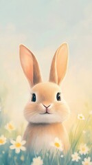 Obraz premium Baby rabbit peeking flowers yellow green gradient