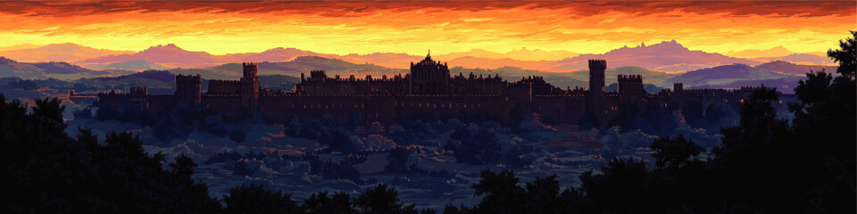 Obraz premium Majestic Medieval Castle at Sunset - Stunning Scenic Vector Art with Fortified Walls, Towers, and Lush Forest - Serene Landscape Digital Illustration
