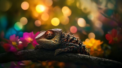A striking close-up of a colorful lizard perched on a branch surrounded by vibrant flowers and softly blurred bokeh lights in the background, creating a serene and enchanting atmosphere