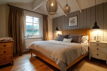 Cozy bedroom with wooden floors, large bed, and natural light.