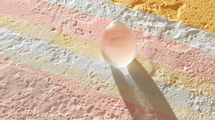 Transparent skincare gel drop on textured pastel surface