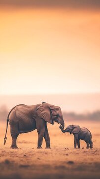 Mother baby elephant trunks desert sky