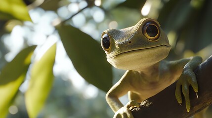 Close-up of a light green gecko with large, expressive eyes perched on a dark brown branch, surrounded by blurred green foliage in bright sunlight, creating a bokeh effect