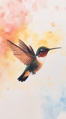 Naklejka premium Hummingbird mid-flight watercolor sky