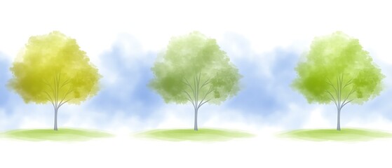 Obraz premium Watercolor Trees with Gradient Foliage in a Dreamy Sky Landscape Artistic Illustration