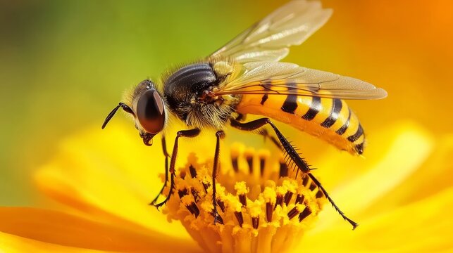 Close-up of hoverfly perched on vibrant yellow flower with detailed stripes and wings. - Powered by Adobe