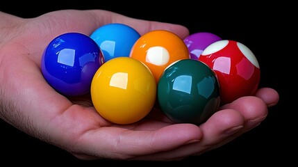Close up of Hand Holding Colorful Billiard Balls Against Black Background