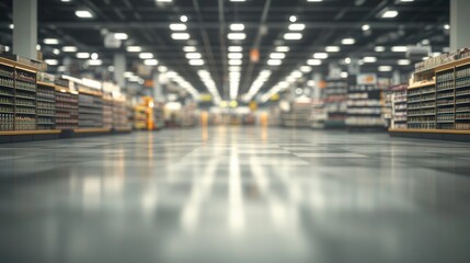 Obraz premium Blurry supermarket aisle shows shelves stocked with various products in a large retail space during busy shopping hours