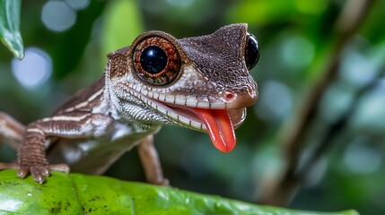 Close-up of a smiling gecko with bright eyes and a sticking-out tongue, perched on a green leaf against a blurred natural background
