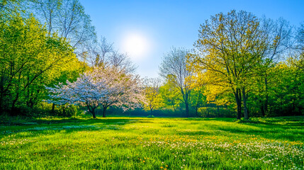 Vibrant Spring Landscape with Lush Greenery, Blooming Trees, and a Clear Blue Sky