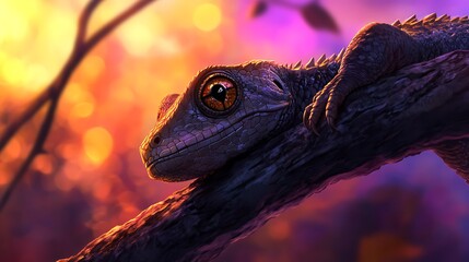 Close-up of a vibrant green gecko resting on a branch surrounded by a dreamy, colorful background of blurred foliage and soft bokeh lights