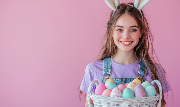 Cheerful young woman with bunny ears holding a wicker basket filled with colorful Easter eggs in a soft pastel background - Powered by Adobe