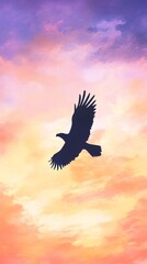 Majestic eagle flying purple orange sky