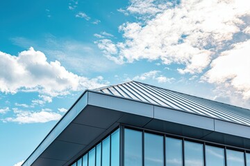 Sleek modern house with metal roof minimalist architecture against bright blue sky