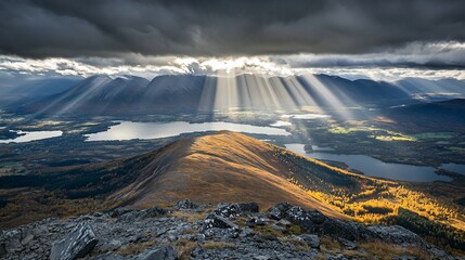 Mountaintop Autumn Sunbeams Over Lakes