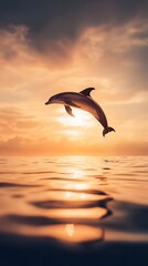 Naklejka premium Dolphin silhouette sunset ocean mist