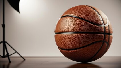 Fototapeta premium Basketball Spotlight: An iconic basketball, the symbol of athletic competition and team sport, is illuminated. The texture of the ball and its precise stitching details, 3D rendering