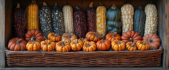 Fototapeta premium Autumnal Display Of Corn And Pumpkins In Wooden Basket