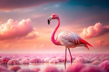 Fototapeta premium Panoramic Pink Flamingo in a Dreamy Pink Landscape - Surreal Generative AI Art