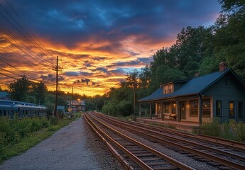 Fototapeta premium Scenic Sunset at Tranquil Train Station