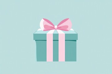 Colorful Gift Box with Pink Ribbon on Soft Aquamarine Background