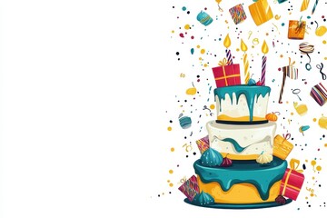 Fototapeta premium Colorful Birthday Cake Decoration with Gifts and Party Elements