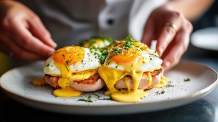 Professional chef adding final touches to a plate of eggs benedict, garnishing with fresh parsley and a sprinkle of ground pepper, ready to be served