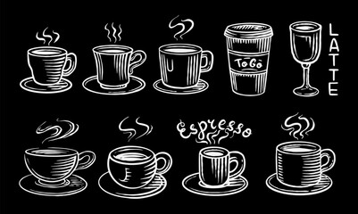Set of a hot Cup of coffee. Hand drawn mugs with drink for shop or coffee packages with latte, cappuccino and espresso. Engraved brush or pen and ink simple 