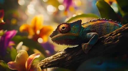 A vibrant chameleon resting on a wooden branch surrounded by colorful blooming flowers and soft sunlight filtering through foliage