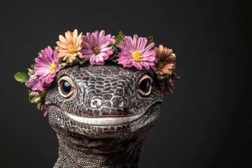 Cute baby animal screen lizard wearing feral flower circlet on its head - symbol of sunny vacation...