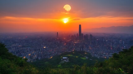 Fototapeta premium A Gorgeous Sunset Illuminates a City with a Large Moon Above