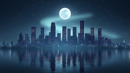 A Futuristic City Skyline Reflecting on Calm Waters Beneath the Moon