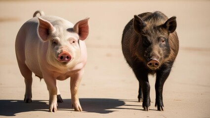 Pig Pals Portrait: Two contrasting pigs, one pink and one black, stand side-by-side, staring directly at the camera, their expressions capturing a unique blend of curiosity and contentment.