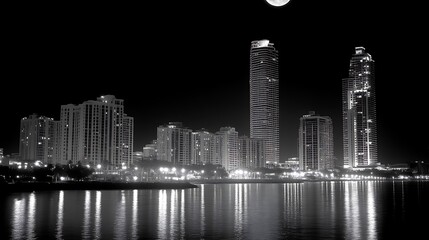 Fototapeta premium City Skyline Illuminated at Night Under a Full Moon