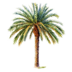 This image features a detailed watercolor painting of a palm tree against a transparent background.