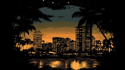 Obraz premium Tropical Cityscape at Dusk Illuminating Buildings and Palms