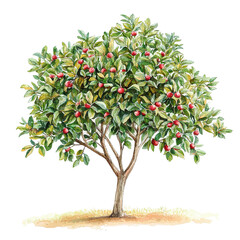 The image is a watercolor illustration of a tree filled with small red fruits, isolated on transparent background.